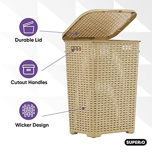 Plastic Laundry Hamper with Lid 2 Pack Laundry Hamper Basket, Beige Tall Cloths Hamper Organizer with Cut-out Handles. Space Saving for Laundry Room Bedroom Bathroom, Wicker Design 60 Liter - color: Beige, size: 2-pack