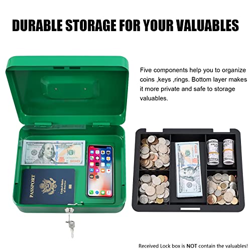 KYODOLED Large Lock Box with Money Tray,Storage Cash Box with Lock,Safe Metal Box for Money,9.84"x 7.87"x 3.54" Green Large - color: Green, size: Large