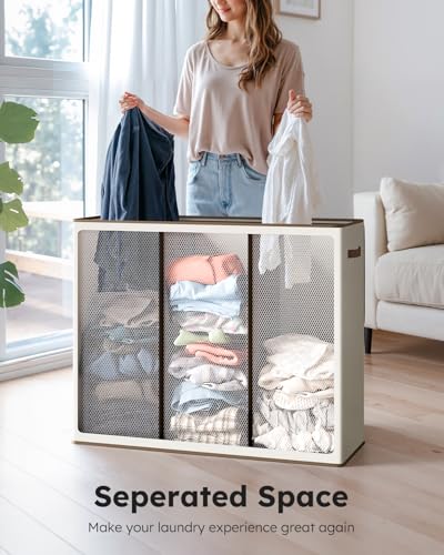 SOLEDI 180L Laundry Hamper 3 Section, Extra Large Laundry Hamper with Lid, Dirty Clothes Hamper with Sturdy Handle, Large Laundry Basket Organizer for Laundry Room, Bedroom, Hampers for Laundry - color: Off-white, size: 180L