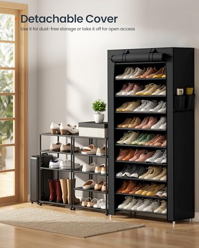 SONGMICS HOME Shoe Rack 10-Tier, Tall Narrow Metal Shoe Organizer with Dust Cover, 11.2 x 33.3 x 63.2 Inches, Vertical Storage Cabinet for Closet Entryway, Black - color: Black, size: 10 Tiers (33.3"W)