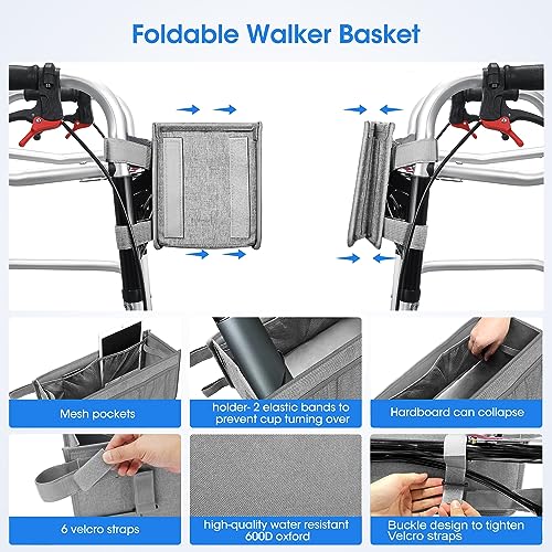 Dotday Upgraded Walker Basket with Cup Holder, Foldable Walker Bag with Large Capacity & Never Tipping Over, Not Fit for Rollator - Grey - color: Grey