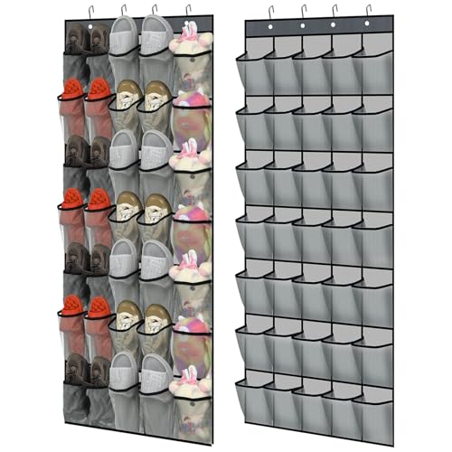 Windyun 2 Pcs 70 Large over The Door Shoe Organizer Hanging Shoe Rack for Closet Holder Gray Mesh Pockets Back to School Behind Door Hanger Storage Nonslip for Home Room School Dorm, Each 35 Pockets - color: Black in Gray