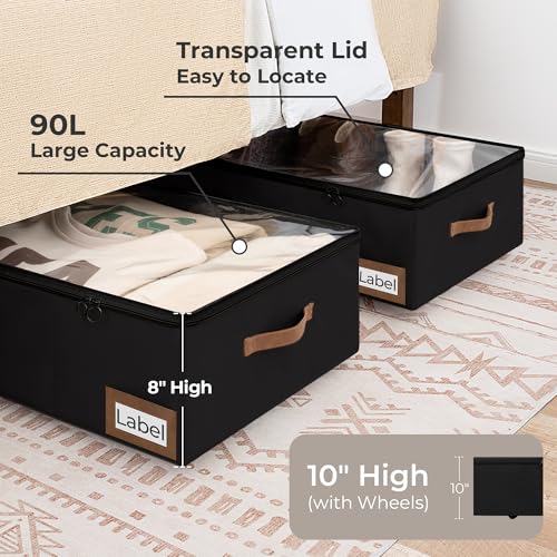 StorageWorks Under Bed Storage with Wheels, 10" Underbed Storage Containers with Lid, 90L Clothes Organizer for Blankets, Sweaters, Bedding, 2-Pack, Black - color: Black, size: Extra Large-with Wheels