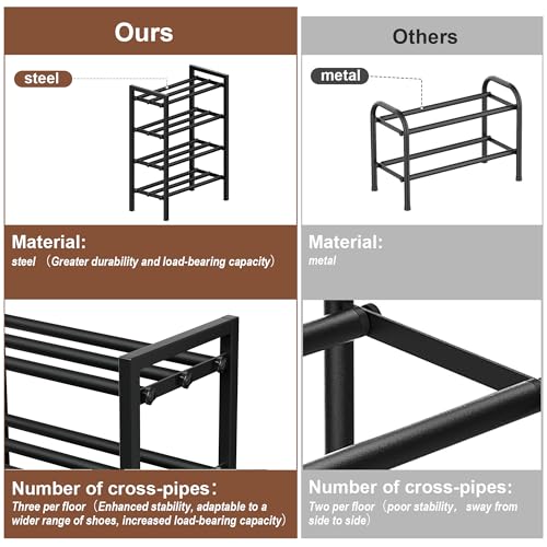 4-Tier Expandable Shoe Rack, Adjustable Shoe Shelf Storage Organizer Heavy Duty Metal Free Standing Shoe Rack for Entryway Closet Doorway (Black) - size: 4 Tier
