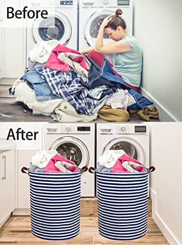 ESSME 2pack Kids Laundry Hamper,Boys laundry basket,Collapsible Bule storage basket with Waterproof PE Coating,Canvas Fabric Nursery Hamper for Kids Room Decor,Toy storage,Gift,Baby Clothing.(2pack Navy Blue stripes) - color: 2pack Navy Blue stripes