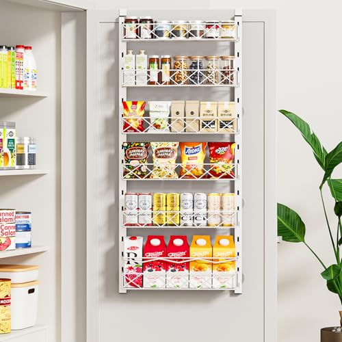 MIAOLI Over the Door Organizer, White 6-Tier Pantry Door Organizer with Adjustable Basket, Hanging Spice Rack Cabinet Door Shelves, Laundry Room Organization and Storage - color: White, size: 6-Tier