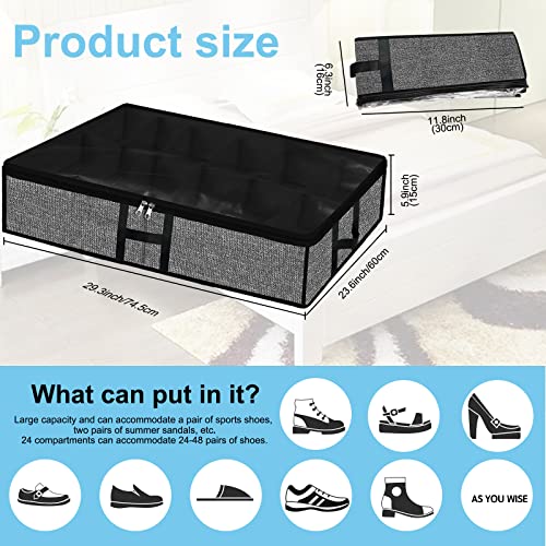 Under Bed Shoe Organizer Storage for Closet 2 Pack- Fits 24 Pairs Underbed Shoes Container Boxes with H Shap Sturdy Handles and Clear Window,Foldable Shoe Rack Holder,Black - color: Black-24pairs, style: H-Handle