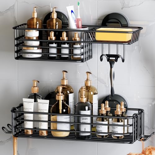 LEVERLOC Shower Caddy Suction Cup, 2 Pack Shower Shelves for Inside Shower with Hooks & Soap Holder, NO-Drilling Bathroom Shower Organizer, Rustproof Meatl Shower Holder Storage, Black - color: Black, size: 1 Medium & 1 Large