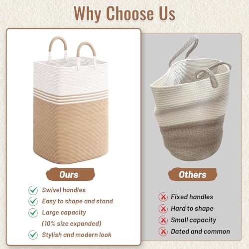Laundry Basket Hamper,Blanket Storage,Dirty Clothes Hamper with Swivel Handles,Woven Cotton Rope Toy Baskets,Blanket Basket Living Room,Decorative Hampers for Nursery,Bedroom,White & Brown,100L - color: White & Brown, size: 100L