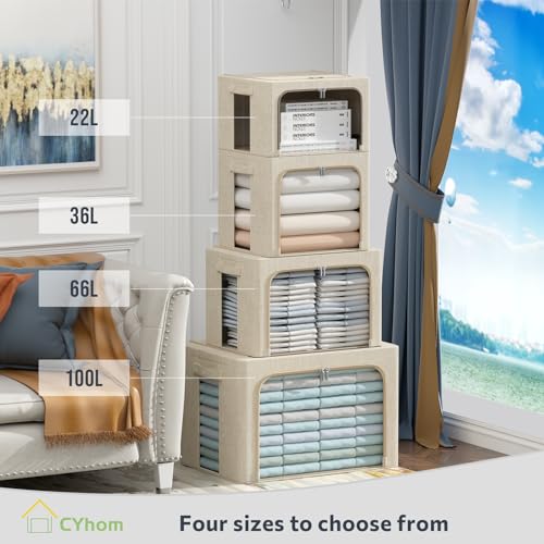 CYhom Extra Large Clothes Storage Bins - Linen Fabric Foldable Stackable Container Organizer Set with Clear Window & Carry Handles & Metal Frame - 2Pack Large Capacity for Bedding, Blankets, Books - color: Beige, size: Extra Large-100L