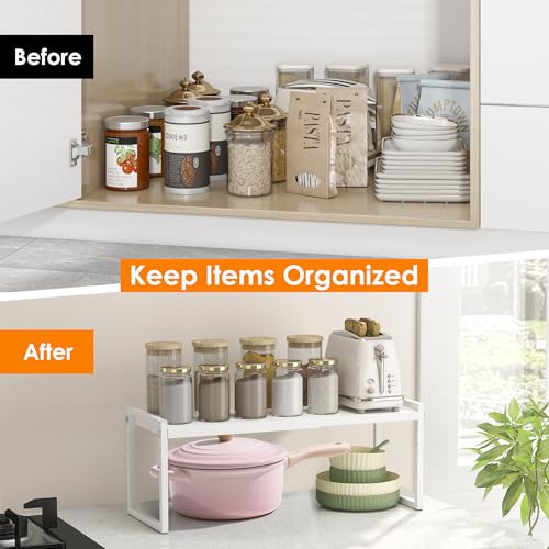 DOLALIKE Expandable Kitchen Countertop Organizer, Stackable Cabinet Shelf Organizers, Space Saving Spice Rack Pantry Storage for Bathroom Office Organization (White, 1-Tier) - color: Root={'value': "White, 8.3''d*14.02-22.3''w*8.62''h"}