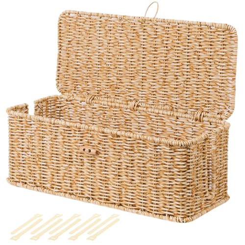 BROWNLILY Cable Management Box, Rattan Style Cord Organizer for Desk Cord Hider Outlet Covers Baby Proofing for Power Strip TV PC Router Charger Under Desk Storage with Lockable Lid and Cable Ties - color: Natural, size: L