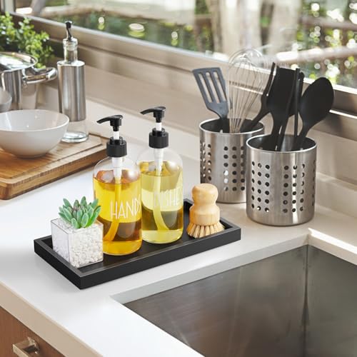 ALELION 11.7" Bathroom Vanity Tray for Counter - Black Wood Decorative Tray for Toilet Tank Makeup Perfume Jewelry Catchall Coffee Table - Wooden Kitchen Countertop Organizer for Soap Dispenser - color: Black, size: 6" x 0.8" x 11.7"