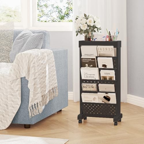 6-Tier Mobile Bookshelf, Rolling Bookcase Book Storage Rack, Movable File Folder Organizer Cart with Wheels for Home Study Office Living Room Classroom, Black - color: Black, size: 6-Tier