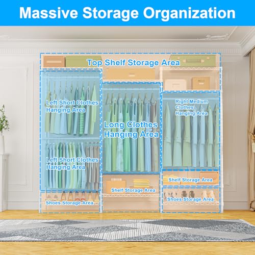 Ulif E13 Heavy Duty Clothes Rack（With 4 Hanger Rods & 8 Shelves） Freestanding Clothing Racks for Hanging Clothes，Adjustable Closet Organizer，Metal Garment Rack 63" W x16 D x77 H，Max Load 900LBS，White - color: White, size: E13