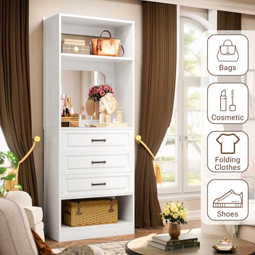 Unikito 25”Freestanding Closet System with 3 Drawers, Closets Organizer Wardrobe with Storage Shelves and Mirror, Sturdy Wood Walk-in Closet Systems for Small Closets, 25" W x 16" D x 80" H, White - color: White, size: 25 Inch