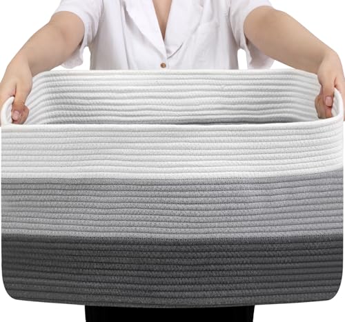 Optish 75L Large Blanket Basket, Woven Storage Baskets with Reinforced Handles, Rope Laundry Basket for Living Room, Bedroom, Nursery, Toys, Clothes,Pillows, 22” x 17” x 11.5”, White & Grey - color: White & Grey, size: 22" x 17" x 11.5"(75L)