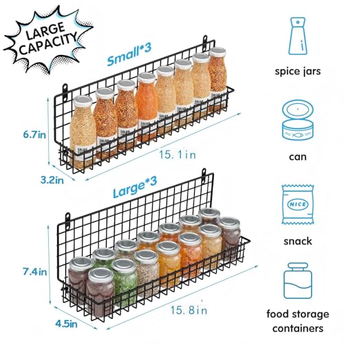 JKsmart 6-Tier Spice Rack Organizer with Door Hook, Wall Mounted & Over the Door Spice Racks for Kitchen Pantry Door Cabinet, Two Size, Large Capacity, Black - color: Black-6 tier