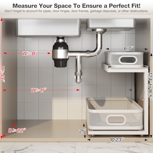 2 Pack 21IN-Depth Under Sink Organizer With Next-Gen Ball-Bearing Slides,2-Tier Precision Mesh Pull Out Cabinet Storage for Bathroom&Kitchen,Height Adjustable Drawers Shelf,Anti-rust-White - color: White, size: 2 Pack-21"Dx12.4"-16.5"H
