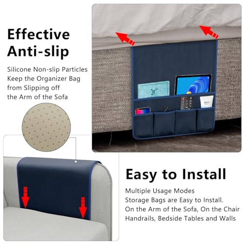 TV Remote Control Holder Couch Caddy, Non-slip Bedside Caddy Organizer with 5 Pockets for Key Glasses Phone Magazine Holders - color: Blue-A, size: 35''x18''