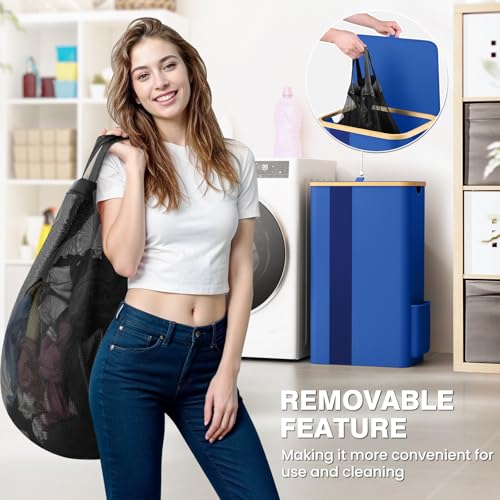 BlissTotes 100L Bamboo Laundry Hamper with Lid, Breathable Mesh Bag & Window, Portable, Moisture Resistant, Blue - color: Blue, size: 100L