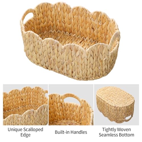 Coeusy Scalloped Basket Set of 2,Water Hyacinth Basket for Organizing and Decor,Hand-Woven Wicker Storage Baskets with Built-In Handles for Nursery,Gift,Laundry