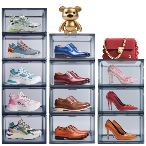 12 Pack Shoe Boxes Size 13 Acrylic Shoe Organizer Clear Storage Box Plastic Stackable Sneaker Display Case with Magnetic Lids - color: Grey, size: Medium Size 12.5