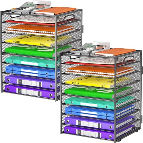 Cawukege 9 Tier Paper Organizer with Handle, Large Capacity Desk Organizer Mesh Paper Letter Tray File Folder Document Sorter for Classroom and Office Accessories Organization- Grey (2 Pack) - color: 2 Pack - Grey