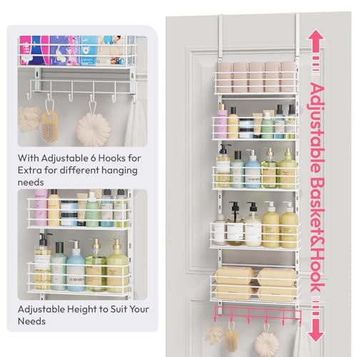 SWTYMIKI Over The Door Organizer - Door Organizer Hanging with 5 Adjustable Metal Large Capacity Basket and 6 Coat Hook, Wall Mounted Shelf for Bedroom Closet Bathroom Laundry Pantry Cabinet Kitchen - color: White
