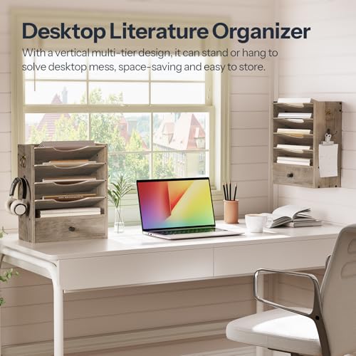 HOOBRO Wall File Organizer, Mail Organizer Wall Mounted, Wooden Mail Sorter, Construction Paper Holder with Drawer Storage and 2 Hooks, for Office, Classroom, Home, Greige BG14WF01 - color: Greige