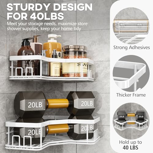MAXIFFE 3 Pack X-Large Corner Shower Caddy with Soap Holder, Large Capacity Sturdy Easy Install No Drilling Stainless Steel Hold 40 LB Shower Organizer Shelves Rack for Family Renters Bathroom, White - color: White XL