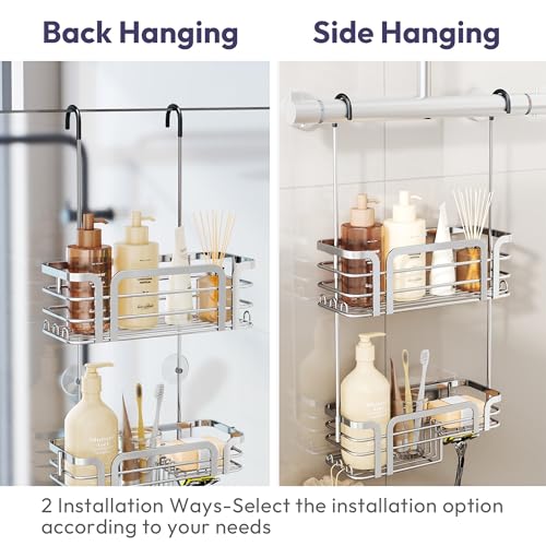 SWTYMIKI Shower Caddy Hanging Organizer - Over the Door Shower Caddy with Soap Holder, 11 Hooks, 2 Installation Ways, Stainless Steel Rustproof Bathroom Organizer, Silver - color: Silver