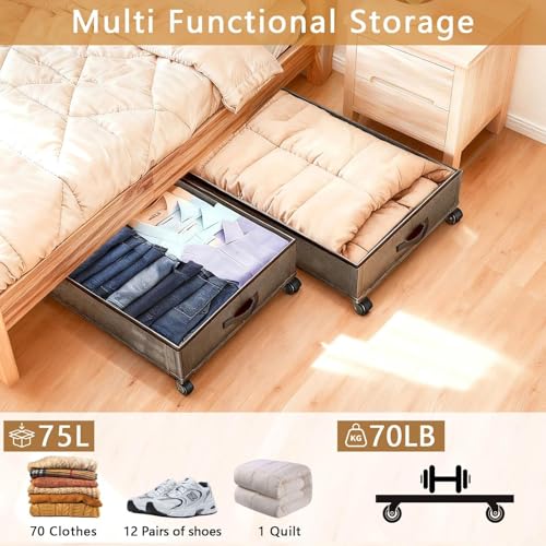 Under Bed Storage with Wheels, 2 Pack 75L Underbed Large Storage Bins with Lid, Adjustable Rolling Storage Containers for Clothes, Shoes, Blankets