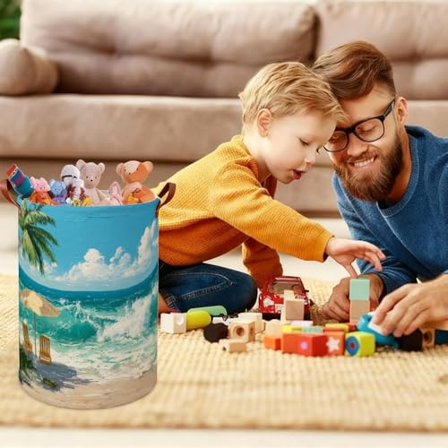 Beach Scenes Laundry Hamper, Collapsible Oxford Cloth Laundry Basket Cool Design Beach Theme for Boys Room, Colorful Small Space Hamper Summer Decor (15.75x15.75x19.7in) - color: Colorful601