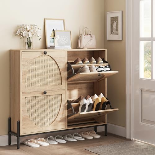IRONCK Rattan Shoe Cabinet Storage with 4 Flip Drawers, Freestanding Shoe Storage Organizer Cabinet for Entryway, Narrow Shoe Rack Cabinet, Oak - color: Oak