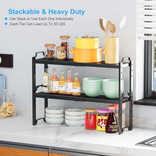 Narrow Expandable Cabinet Shelf Organizer 5.51" Width, Kitchen Counter Storage Shelves Spice Racks, Small Cupboard Countertop Tabletop Shelves Organizers, Expandable Adjustable Stackable, Load 30LBS - color: Black, size: 2 Pack Narrow Model: 12.5"-20.5"L
