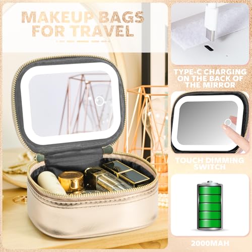 Mini Makeup Bag with Led Mirror, Small Travel Make up Bag 3 Light Modes Adjustable Brightness, for Women Organizer Cosmetic Bag, Portable Travel Train Toiletry Bag, for Pool Parties Work Touch-Ups - color: Gold