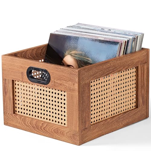 LELELINKY Vinyl Record Storage Crate, Rattan Vinyl Record Holder with Handle, Wood Record Crate for Vinyls Holder up to 75 LP's, Desktop Cube Album Storage for Vinyls Records(Tea Brown) - color: TeaC, size: 1 Pack
