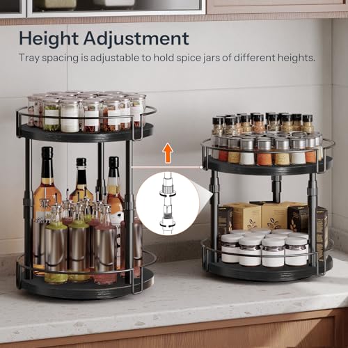 HOOBRO Lazy Susan Organizer Spice Rack, 2-Tier Height Adjustable Rotating Lazy Turntable Spice Organizer, for Kitchen Countertop and Cabinet, Black BB05TL01 - color: Black