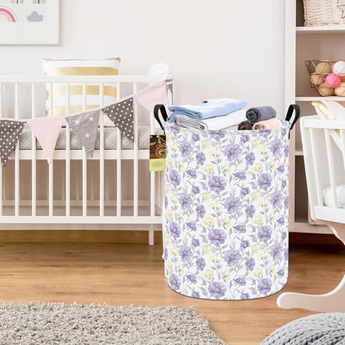 Collapsible Fabric Storage Basket, Waterproof Laundry Hamper with Handles, Round Storage Bin for Clothes Toys, Foldable Organizer for Bedroom Nursery Bathroom(Round-Purple Flowers) - color: Round-Purple Flowers