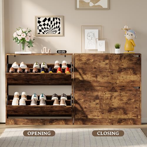 BORNOON Shoe Cabinet with 2 Flip Drawers, Slim Narrow Shoe Storage Cabinet, Freestanding Shoe Organizer with Adjustable & Removable Shelves, Top Display Shelf for Entryway, Hallway, Foyer, Closet - color: Brown, size: 2-Drawer