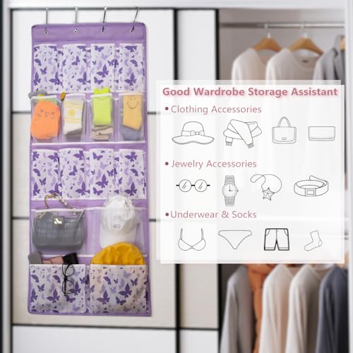 16 Pockets Over Door Hanging Storage Organizer with 4 Kinds Pouches for Shoes,Sock,Hat,Underwear,Handbag,Cosmetics,Toiletry,Behind Door Hanging Shelf Space-saving for Bathroom,Bedroom,Entrance,Purple - style: Medium-Purple: Pack of 1