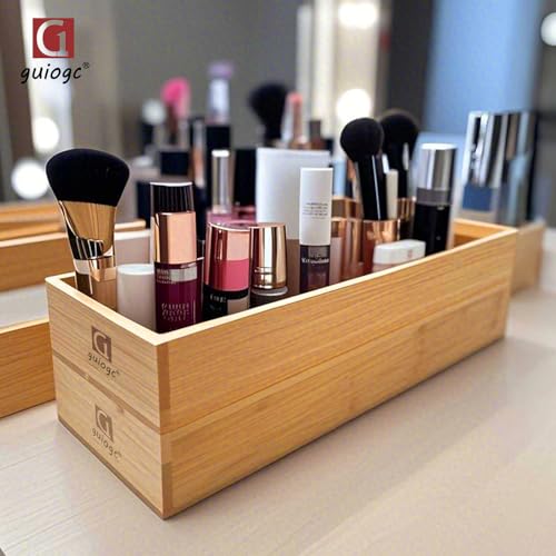 guiogc Set of 2 Bamboo Drawer Organizer, Stackable Utensil Organizer for Kitchen, Bamboo Storage Box Wood Silverware Tray for Drawer - size: 14.95" x 5.2" x 1.96"