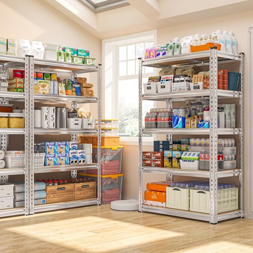 REIBII Storage Shelves, 5 Tier Adjustable Metal Garage Shelving, Storage Rack for Kitchen Storage, Basement, Garage, Pantry, Closet, Shop, Galvanized, 12" D x 28" W x 59.8" H，2020 lbs Total Capacity - size: 28"W x 12"D x 59.8"H