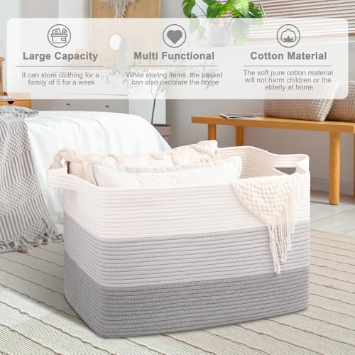 OIAHOMY Extra Large Blanket Basket, 110L Cotton Rope Woven Laundry Basket, Toy Bin for Baby Room, Container for Blanket Storage in Living Room, 24.8''×17.3''×15.8'', Gradient Grey - color: Gradient Grey, size: 110L