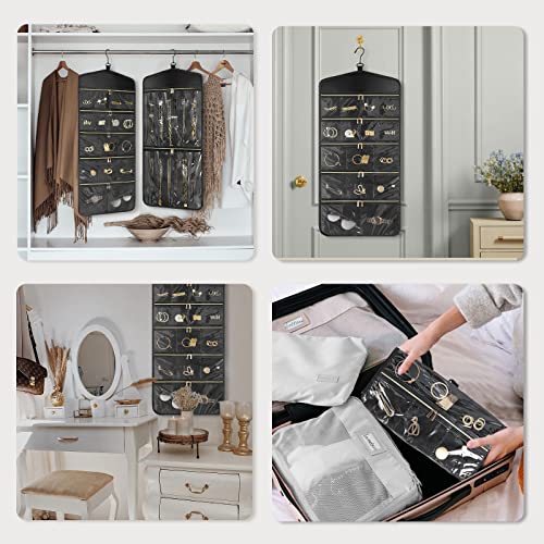 CHICECO Travel Jewelry Holder Organizer,Hanging Jewelry Organizer Storage with Zippered Pockets for Cloest,Jewelry Holder for Earrings, Necklaces（Black） - color: Black