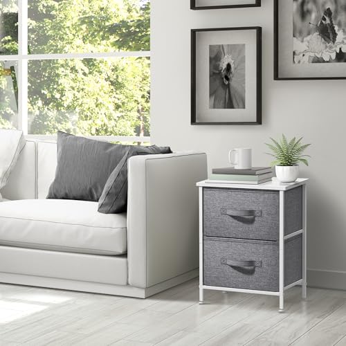 Sorbus Nightstand with 2 Drawers - Bedside Furniture End Table Night Stand with Steel Frame, Wood Top & Easy Pull Fabric Bins - Small Dresser & Chest for Home, Bedroom Accessories & Office - color: White, style: 2 Drawer