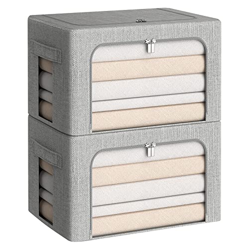 CYhom Clothes Storage Bins Box - Linen Fabric Foldable Stackable Container Organizer Set with Clear Window & Carry Handles & Metal Frame (Light Grey, Medium-36L) - color: Light Grey, size: Medium-36L