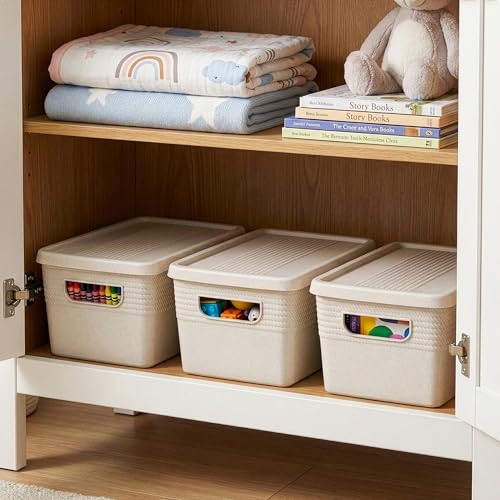 BINO | Plastic Storage Bins with Lids, 5 Liter - 3 Pack, Natural | THE BRAIDED COLLECTION | Plastic Bins for Organization Woven Storage Baskets for Organizing Pantry Shelf Organizer Basket Bin - color: Natural, size: 5L | 3-Pack