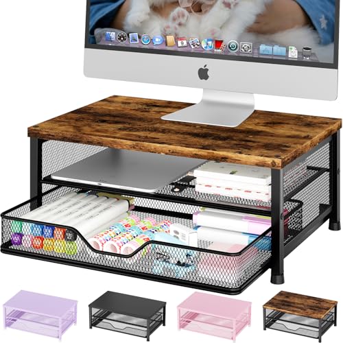 OPNICE Computer Monitor Stand Riser, Desk Organizer with Drawer, Printer & Laptop Stand, Office Desk Accessories & Workspace Desktop Organizers Storage for Office Supplies(Brown) - color: Brown